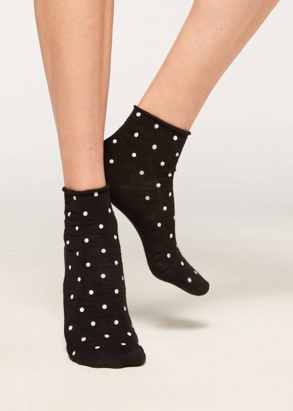 Calcetines Calzedonia Polka Dot Motif Corta with Linen Mujer Negras | CO1724AP