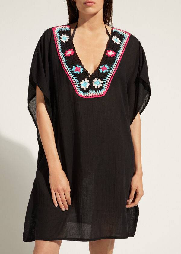 Cubrirlos Calzedonia Crochet Neckline Kaftan Mujer Negras | CO2117FM