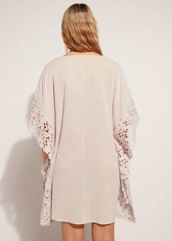 Cubrirlos Calzedonia Floral Macramé Encaje Caftan Mujer Beige | CO2110UT