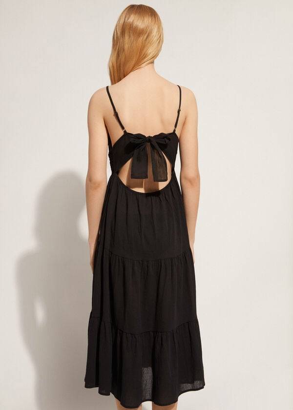 Cubrirlos Calzedonia Midi Vestido in Macramé Encaje and Ruffled Skirt Mujer Negras | CO2086OR