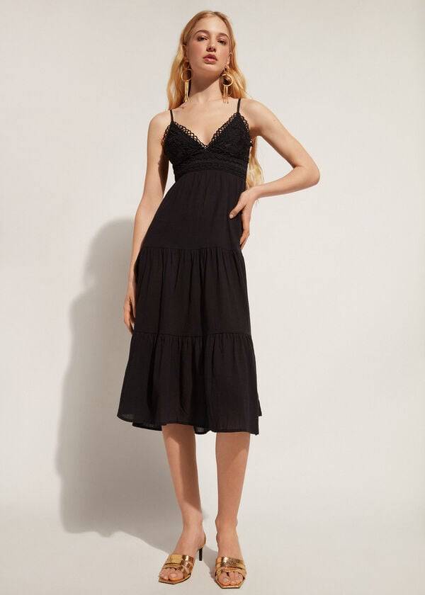 Cubrirlos Calzedonia Midi Vestido in Macramé Encaje and Ruffled Skirt Mujer Negras | CO2086OR