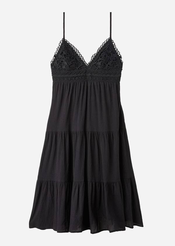 Cubrirlos Calzedonia Midi Vestido in Macramé Encaje and Ruffled Skirt Mujer Negras | CO2086OR