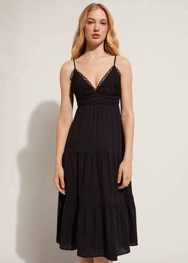 Cubrirlos Calzedonia Midi Vestido in Macramé Encaje and Ruffled Skirt Mujer Negras | CO2086OR