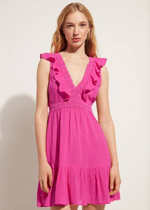 Cubrirlos Calzedonia Mini Vestido with Ruffle and Passementerie Mujer Rosas | CO2083YU