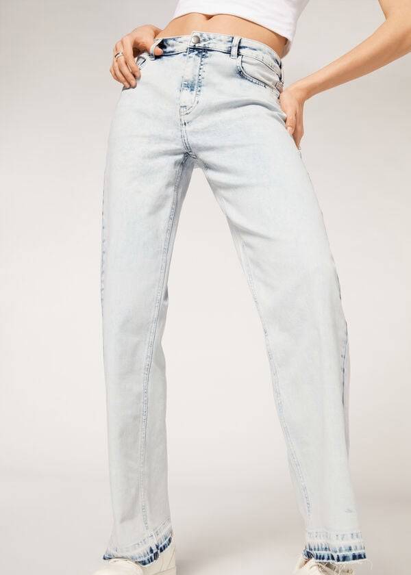 Jeans Calzedonia Anchos-Leg Frayed Mujer Azules | CO1573HK