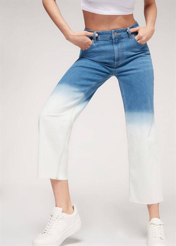 Jeans Calzedonia Cropped Directo-Leg Mujer Azules Blancas | CO1625HK