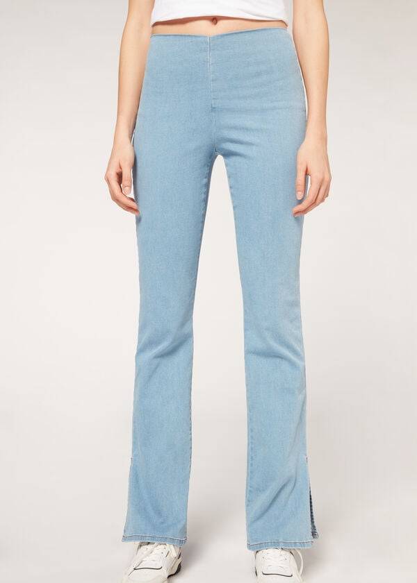 Jeans Calzedonia High-Cintura Flared in Denim with Slits Mujer Azules | CO1592OR