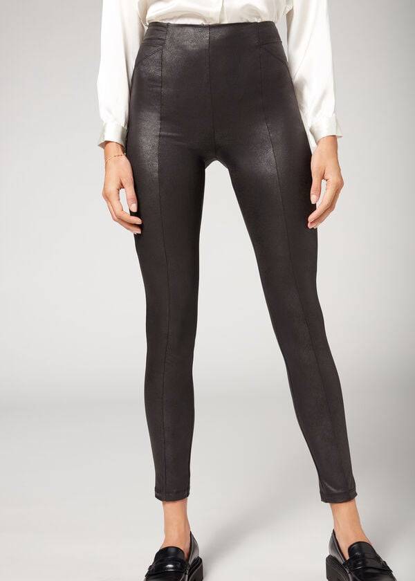 Leggins Calzedonia Coated Total Shaper Ciclismo Mujer Negras | CO1557MA