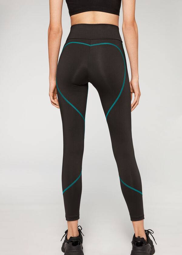 Leggins Calzedonia Contrast Seam Performance Atléticos Mujer Negras Verde | CO1555BC