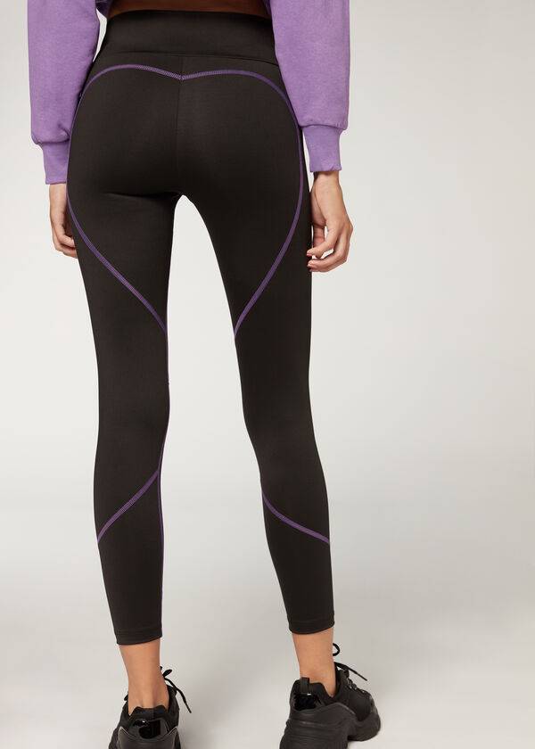 Leggins Calzedonia Contrast Seam Performance Atléticos Mujer Negras Moradas | CO1556NB