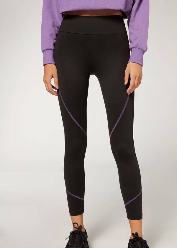 Leggins Calzedonia Contrast Seam Performance Atléticos Mujer Negras Moradas | CO1556NB