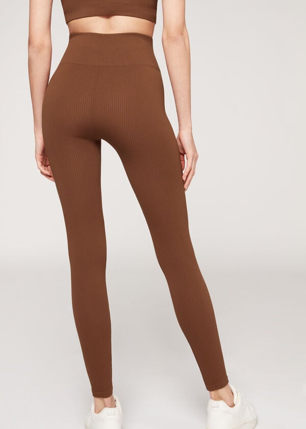 Leggins Calzedonia Fine Acanalado Seamless Deporte Mujer Marrones | CO1542AP