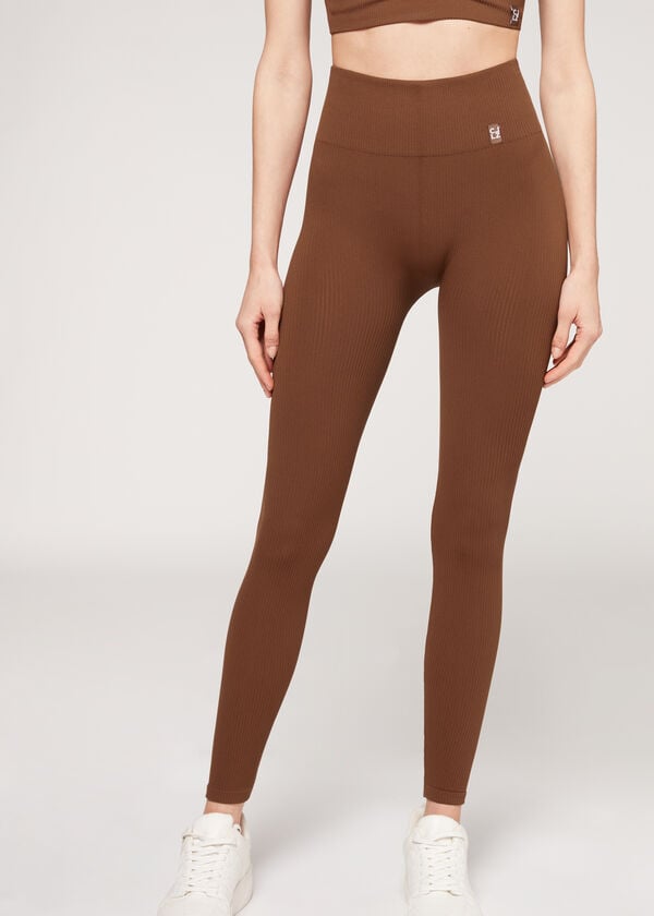 Leggins Calzedonia Fine Acanalado Seamless Deporte Mujer Marrones | CO1542AP