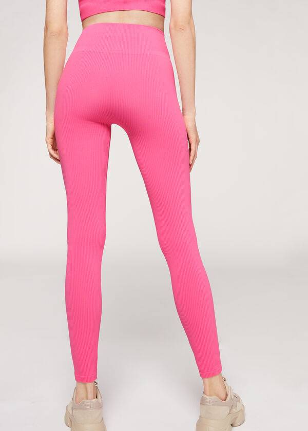 Leggins Calzedonia Fine Acanalado Seamless Deporte Mujer Rosas | CO1543SO