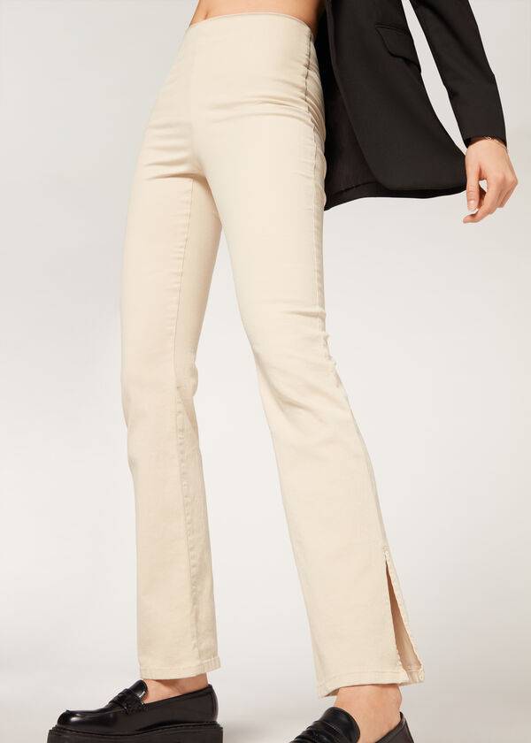 Leggins Calzedonia High-Cintura Flared in Denim with Slits Mujer Marrones Beige | CO1530NB