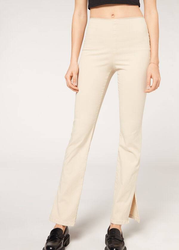 Leggins Calzedonia High-Cintura Flared in Denim with Slits Mujer Marrones Beige | CO1530NB