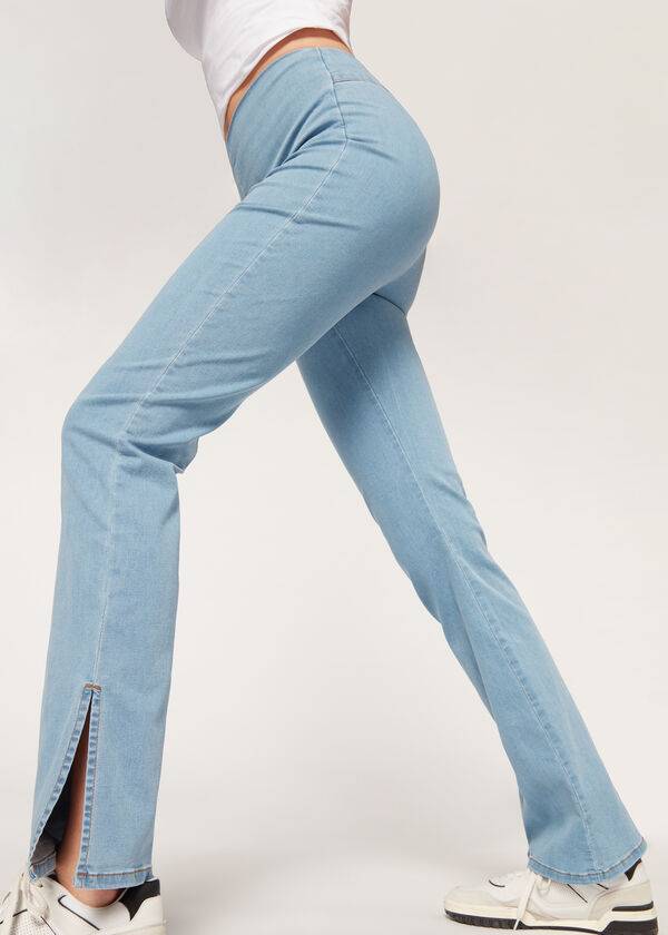 Leggins Calzedonia High-Cintura Flared in Denim with Slits Mujer Azules | CO1531MA