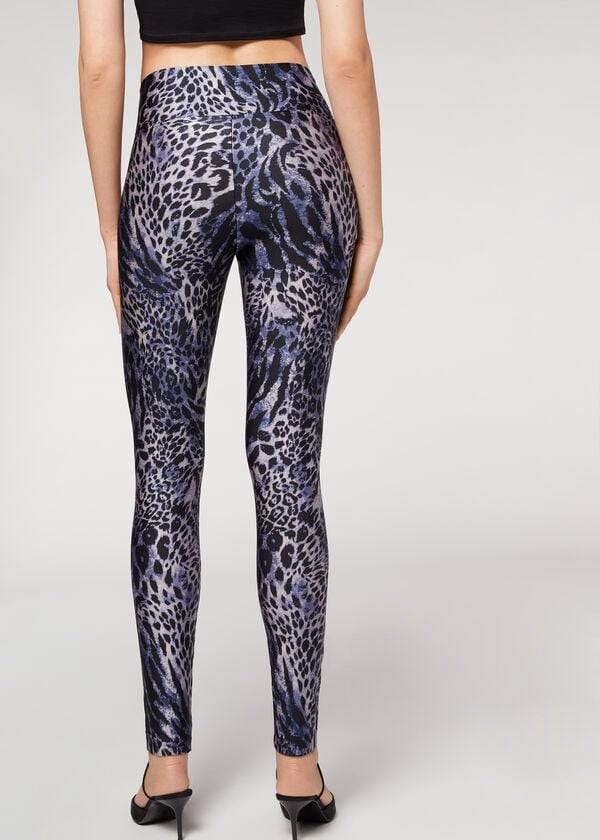 Leggins Calzedonia Shiny Animal-Print Atléticos Mujer Azules Gris | CO1511YU