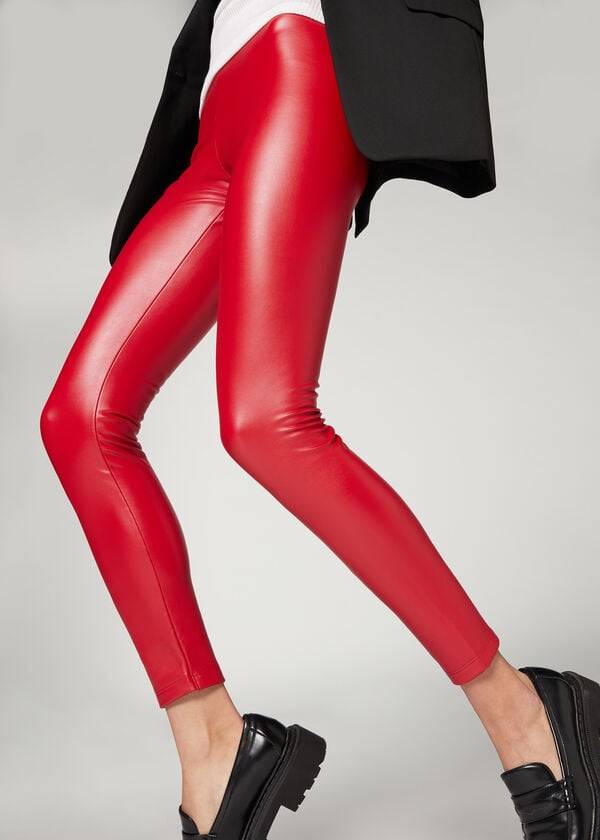 Leggins Calzedonia Thermal Cuero Effect Mujer Rojas | CO1492DN