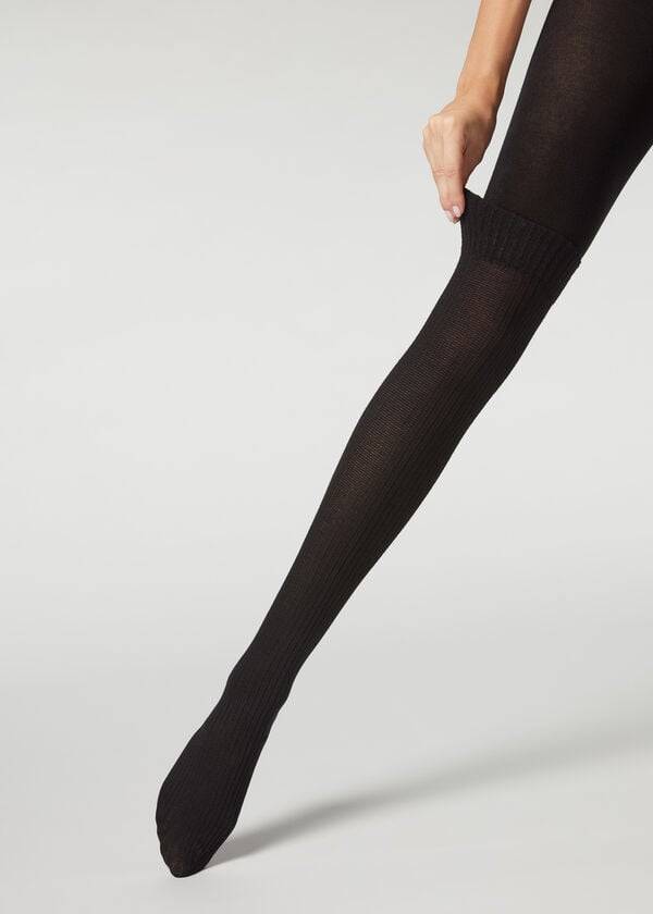 Mallas Calzedonia Acanalado Longuette Effect with Cashmere Patterned Mujer Negras | CO3066NB