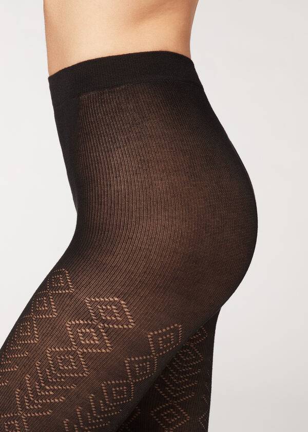 Mallas Calzedonia Diamond Pattern with Cashmere Patterned Mujer Negras | CO3098AP