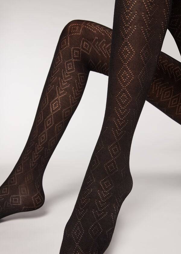 Mallas Calzedonia Diamond Pattern with Cashmere Patterned Mujer Negras | CO3098AP