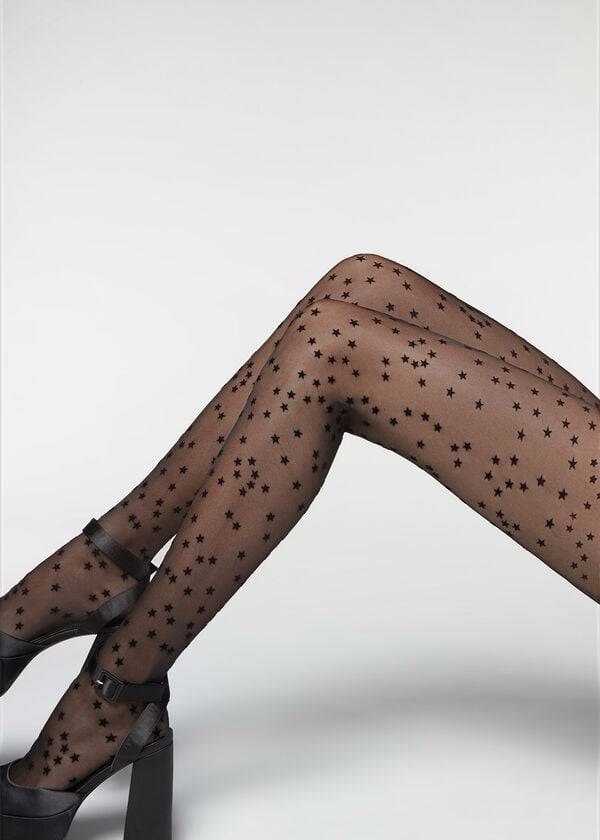 Mallas Calzedonia Flocked Stars 30 Denier Sheer Mujer Negras | CO2967MA