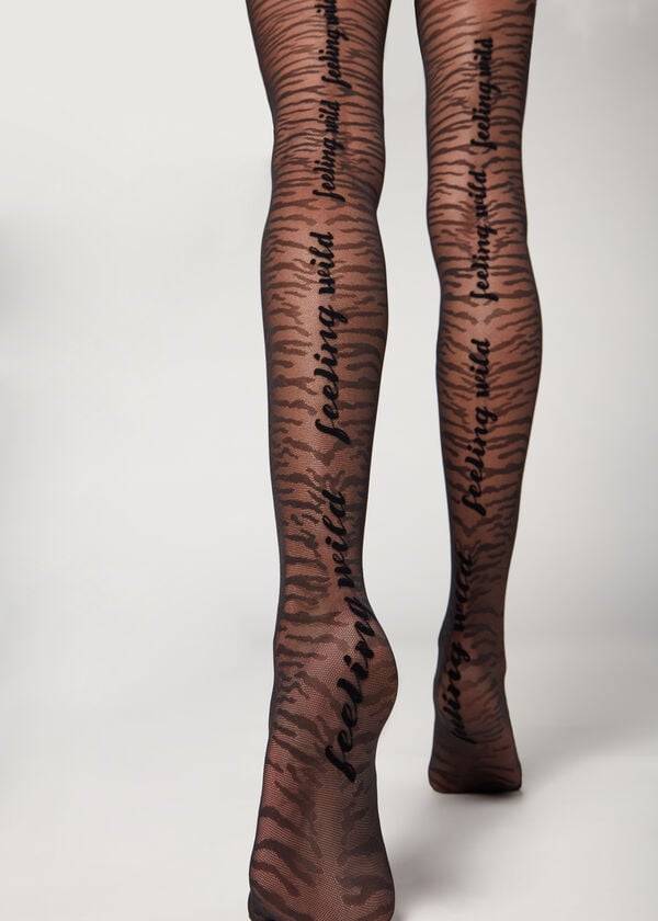 Mallas Calzedonia Flocked Tiger Text 50 Denier Patterned Mujer Negras | CO3094GL