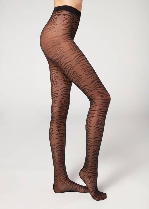 Mallas Calzedonia Flocked Tiger Text 50 Denier Patterned Mujer Negras | CO3094GL