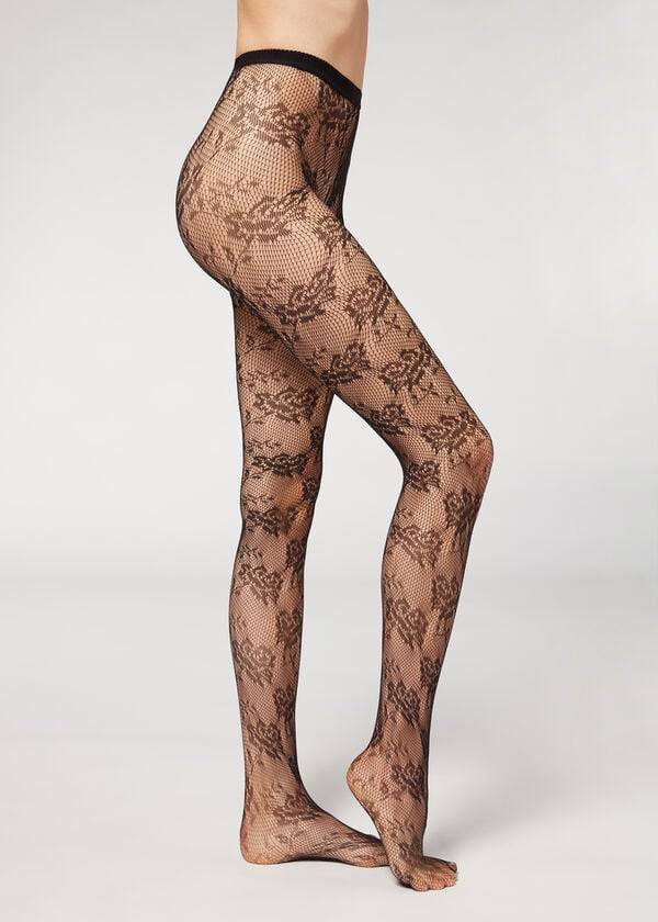 Mallas Calzedonia Floral Encaje-Motif Fishnet Patterned Mujer Negras | CO3092JJ