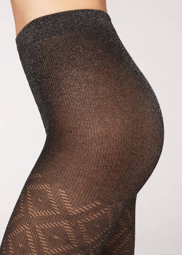 Mallas Calzedonia Glitter Diamond Pattern Patterned Mujer Negras Plateadas | CO3084NB