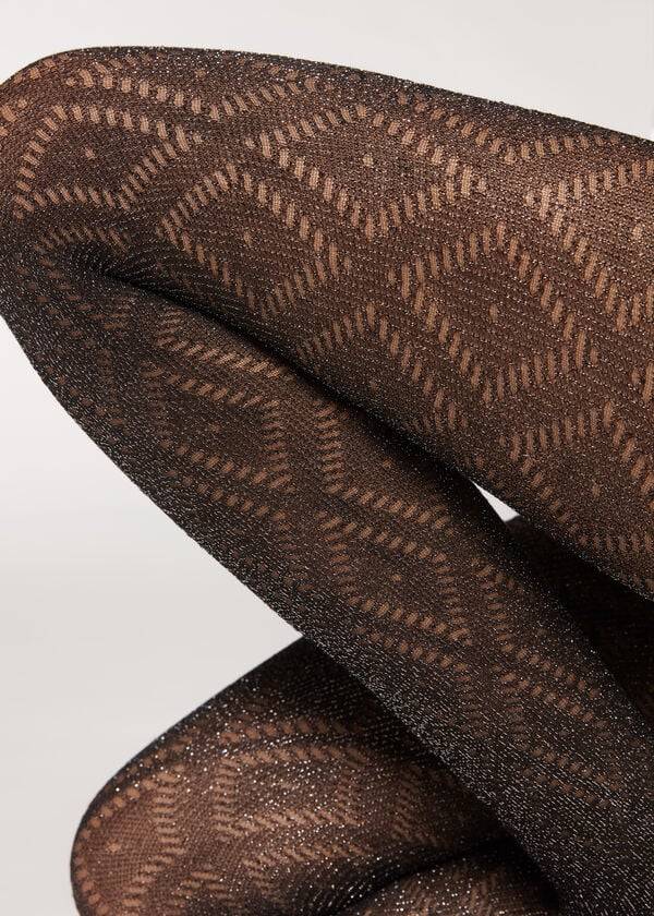 Mallas Calzedonia Glitter Diamond Pattern Patterned Mujer Negras Plateadas | CO3084NB