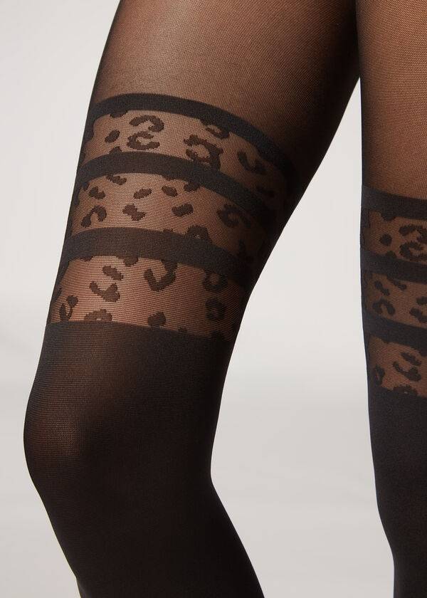 Mallas Calzedonia Longuette-Effect Animal-Print Patterned Mujer Negras | CO3081WY