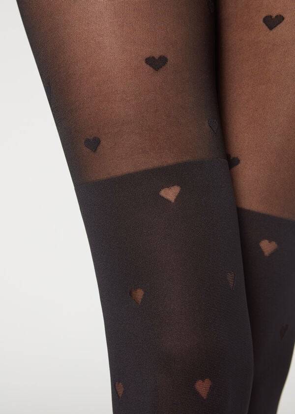 Mallas Calzedonia Longuette-Effect Mini Heart-Motif Patterned Mujer Negras | CO3080EX