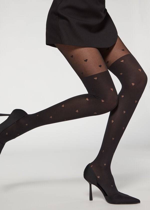 Mallas Calzedonia Longuette-Effect Mini Heart-Motif Patterned Mujer Negras | CO3080EX