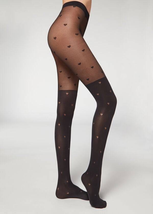 Mallas Calzedonia Longuette-Effect Mini Heart-Motif Patterned Mujer Negras | CO3080EX