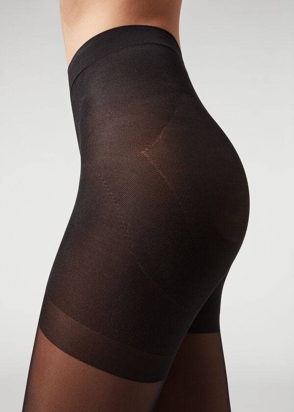 Mallas Calzedonia Longuette-effect Total Shaper Patterned Mujer Negras | CO3079RW