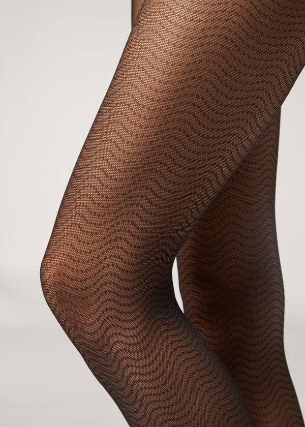 Mallas Calzedonia Wave-Motif Micronet Patterned Mujer Negras | CO3058UT