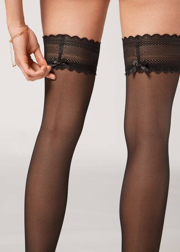 Medias Calzedonia Crochet 40 Denier Sheer Thigh Highs Mujer Negras | CO2929SO