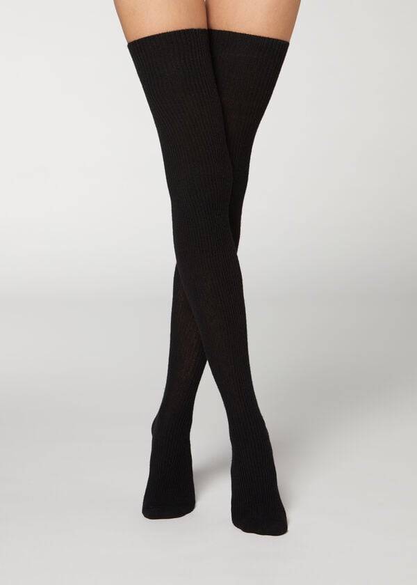 Medias Calzedonia Thigh High Socks with Open Knit Lana Mujer Negras | CO2921WY