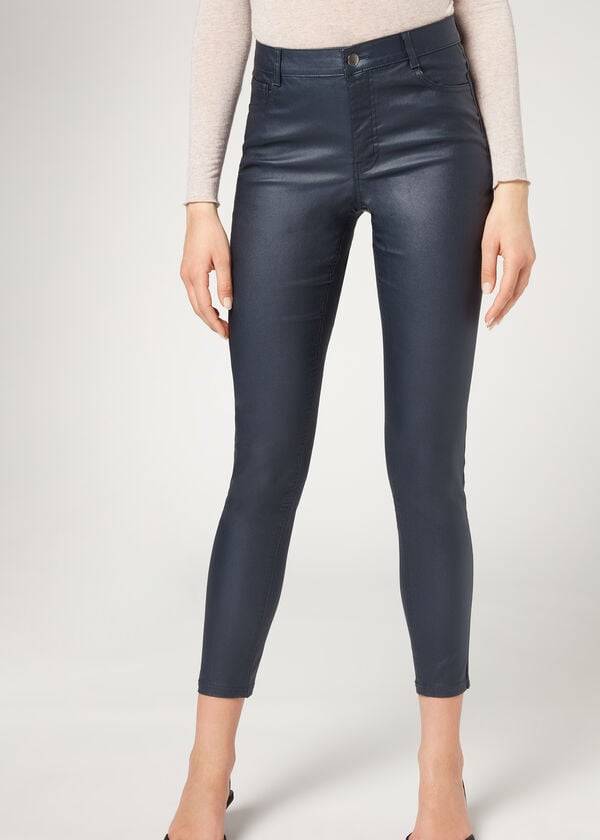 Pantalones Calzedonia Faux Cuero Flaco Mujer Azul Marino | CO1463PQ