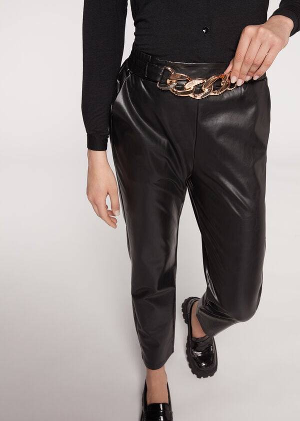 Pantalones Calzedonia Thermal Coated Effect with Chain Trim Mujer Negras | CO1449CE