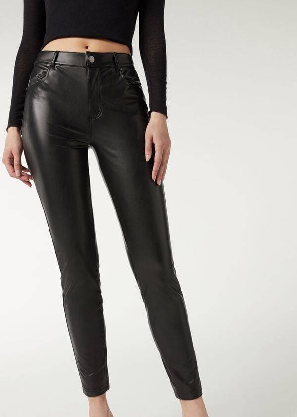 Pantalones Calzedonia Thermal leather-effect Mujer Negras | CO1448XF